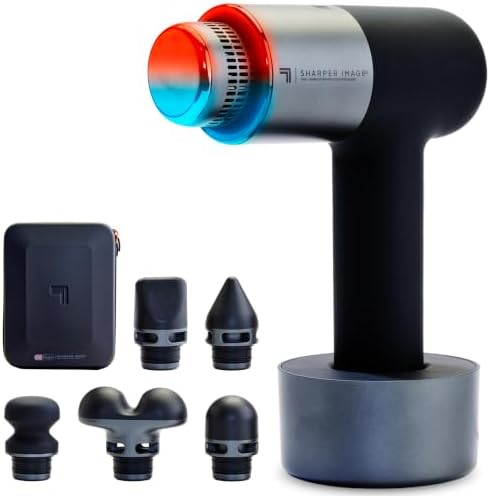Sharper Image Powerboost Pro Hot + Cold Percussion Neck Massager, Hot + Cold Dual Temperature Massage Node, 6 Speed Settings, 6 Attachments, Quiet Brushless Motor, Black
