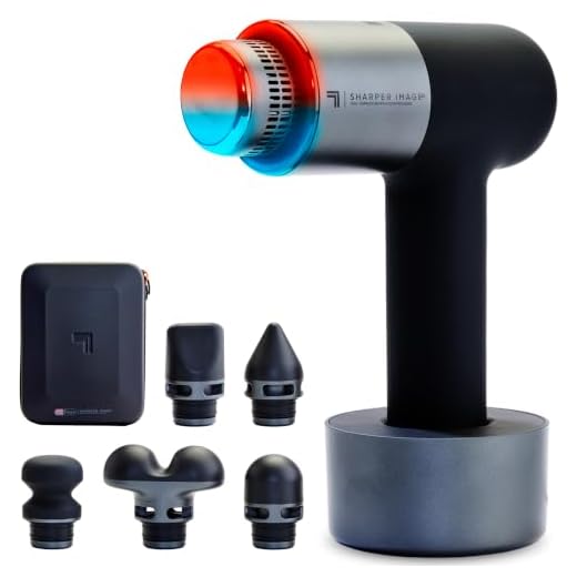 Sharper Image® Powerboost® Pro+ Hot & Cold Percussion Massager, Dual-Temperature Node, Soothing Heat & Cold Therapy, 6 Speed, 6 Attachments, Lightweight Portable Athlete Recovery, Travel Case