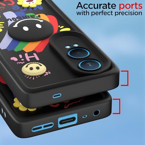Image of Pikkme Back Cover for OnePlus Nord Ce 4 Lite 5G | Soft Silicone| Cute Rainbow Smile & 3D Cartoon Flower Design | Shockproof Raised Camera Protection Bumper Case (Black)