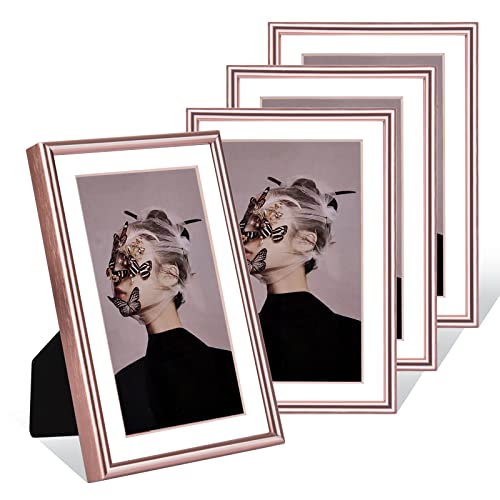 Fkvat 5X7 Picture Frame Set Of 4, Rose Gold Simple Modern Brushed Thin Aluminum Metal Photo Frame Fits 3X5 And 4X6 With Mat Or 5X7 Without Mat Photo. Display For Tabletop Or Wall Collage. (Horizontal & Vertical). #TOP19
