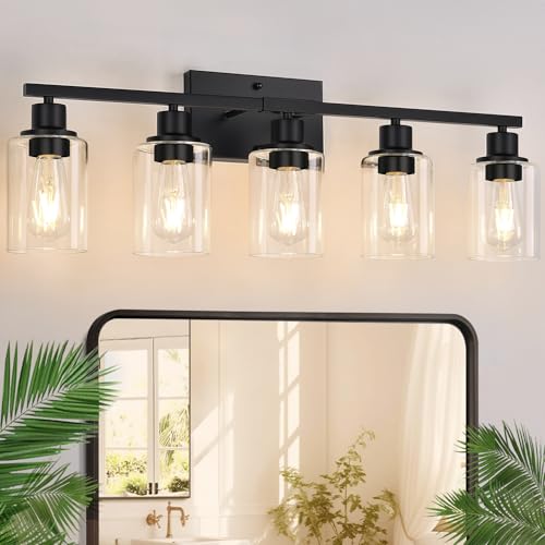 Image of Indoi 5-Light Bathroom Light Fixtures, Matte Black Modern Vanity Lights with Clear Glass Shades, Bathroom Wall Lamp for Mirror Living Room Cabinet Bedroom Porch