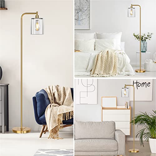 Qimh Industrial Floor Lamp For Living Room, Modern Standing Lamp With Hd Glass Lampshade And Pedal Switch, 67” Tall Pole Light For Bedroom Study Room, Brushed Gold (2700K Led Bulb Included) #TOP6
