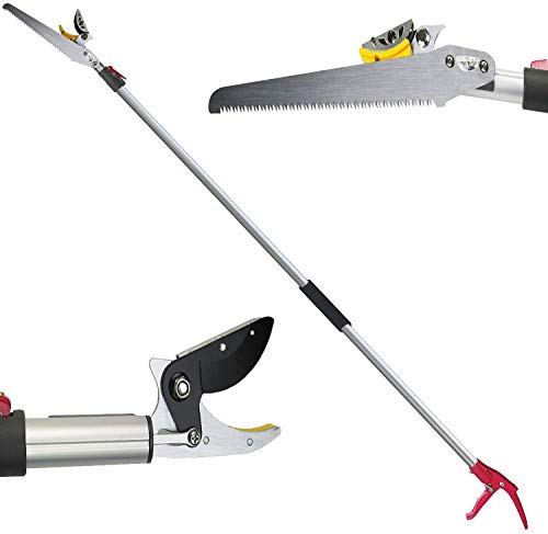 Mesoga 4.4-7.2 Foot Tree Pruner 2 Sections Extendable 4 Nodes Adjustable, Cut and Hold Pruning Trimmer, Long Reach Pole Saw, Telescoping Fruit Picker, Branches Bypass Lopper With Hook