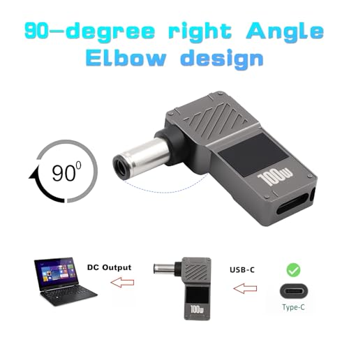 Adaptador CC 6,0 x 0,6 mm a USB C de 100W y 90 grados para tableta y PC 4K 4