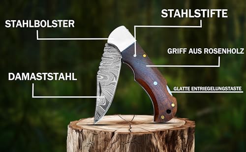 Novahaven Damaststahl Taschenmesser – Klappmesser für EDC, Jagd, Camping & Survival mit Holz-, Knochen- oder Harzgriff – Outdoor Geschenk-Messer (Mehrere Farben) (Naturholz)