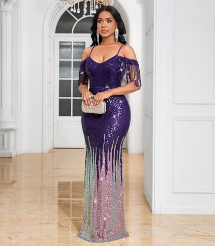 Image of Cololura Women Sexy Sequin Tassel Off Shoulder Halter Bodycon Formal Party Evening Gown Maxi Dress