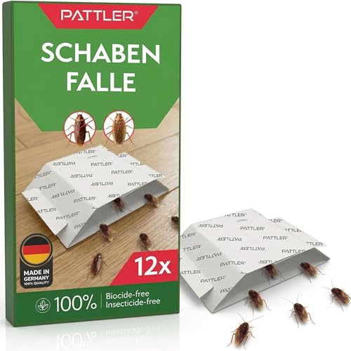 Pattler Schabenfalle 12 Stuck. Kakerlakenfalle ohne Kakerlaken Gift mit extra starker Klebefläche für Küche Bad Keller und Gewerbe. Sichere Lösung gegen Kakerlaken