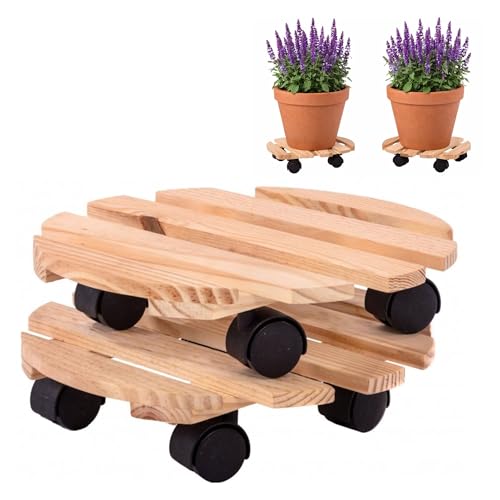 Oypla Set of 2 30cm Wooden Plant Flower Pot Mobile Mover Trolley Stands