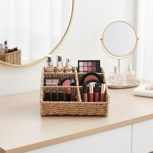 Image of Makeup Organizer, Hand-woven Wicker Basket for Dresser Vanity and Bathroom Countertop, 6 Compartment Skincare Organizer Cosmetic Display Case, Beauty Holder for Lipstick Brush Eyeshadow Palette