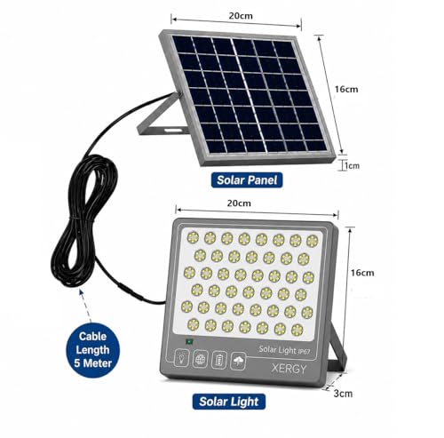 Image of XERGY 100W Solar LED Flood Light with Remote, 270 LEDs - IP67 Waterproof, Outdoor Security Light, Dusk-to-Dawn Sensor, 2000mAh Battery, Ideal for Garden, Home, Wall, Porch, Shed (Includes 5m Cable)