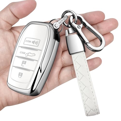 Sindeda for Toyota Key Fob Cover with Metal Keychain & Leather Strap for 2025-2026 Camry 4 Runner 2019-2026 Venza, Land Cruiser,2023-2026 Tacoma Grand Highlander,Corolla,bZ4X,4-5 Buttons(White)