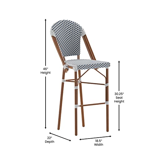 BizChair Lourdes Commercial Grade French Bistro Bar Height Stool, Stackable Indoor/Outdoor Dining Stool, 30\" High, White/Navy and Bamboo Finish, Set of 2