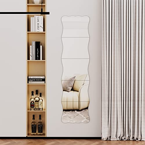 Doeean Wavy Edge Shatterproof Full Length Mirror Acrylic Wall Mirror Tiles 50" X 13"(5 Pcs 10"X13"), Non Glass Safety Mirrors For Baby Kids Playroom, Frameless Dorm Mirror Door Mirror Gym Mirror #TOP1