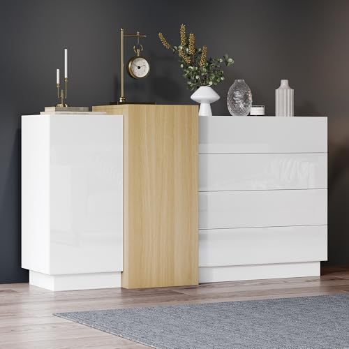Merax Buffet - Commode Blanche Brillante - Buffet Moderne 2 Portes 4 tiroirs - Armoire Multifonction Salon Chambre à Coucher Salle à Manger - Design sans...