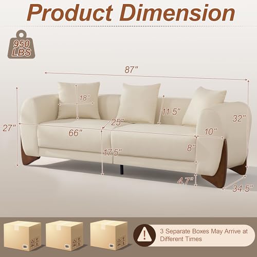 Image of 87 inch Faux Leather Cloud Couch Modern 3 Seater Sofa with Solid Wood Legs, 25 inch Extra Deep Seat, Comfy Thick Cushion Upholstered Sofa Couches with 3 Pillows for Living Room, Biege