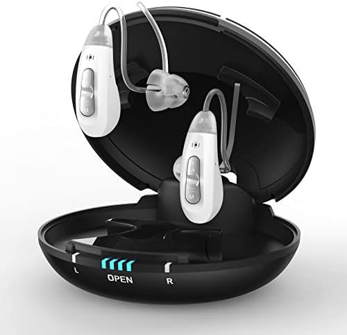 Movocrooi Hearing Aids for Seniors & Adults Rechargeable with Noise Cancelling, BTE Behind-The-Ear Hearing Amplifiers with Volume Control No Whistling, Magnetic Contact Charging Box with LED Power Display