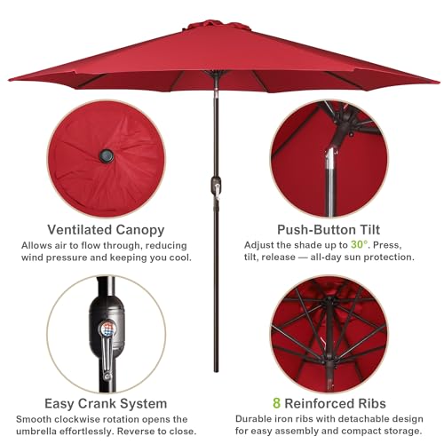 Image of Blissun 10FT Patio Umbrella, Outdoor Table Umbrella, Yard Umbrella, Market Umbrella with 8 Sturdy Ribs, Push Button Tilt and Crank, Red