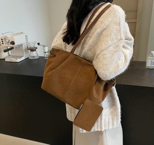 Trendy Faux Suede Shoulder Bag Vintage Pleated Hobo Tote Handbag Medium Underarm Purse Satchel Commuting Travel3