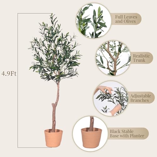 Olive Tree Artificial Plant 5FT, Artificial Olive Tree Mediterranean Silk Screened Broad-leaved Olive Tree with Realistic Fruit, Lifelike Plant Nordic Style Home Aesthetic Hotel Decor