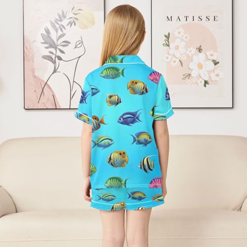 Satin Pajama Sets Short Sleeve Colorful Fish on Blue Background Button Down Silky Nightwear 2 Piece PJS 5-14Y4