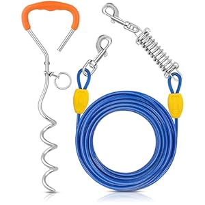 Petbobi Dog Tie-Out Cable and Stake – 30ft Heavy Duty Cable with Spring, No Tangle, 16in Ground Stake, Ideal for Yard, Camping and Beach, Suitable for Small Medium Large Dogs Up to 120 lbs, Blue