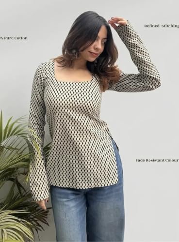 Image of FELISIA Women's Full Sleeves Rayon Printed Square Neck Short Kurti, Bell Sleeves, Short Kurti for Women, Stylish Ethnic Top, Daily Casual Western & Office wear