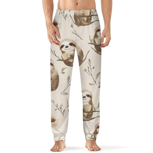 Sloth Drinking Coffee On Branches Men's Pajama Bottoms Sleep Lounge Soft Comfy Pants Sleepwear