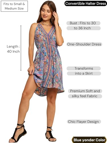 Image of KE KANHA EXPORTS Convertible Halter Short Dresses|Beach Wear Dress for Women|Backless Dress Women|2-in-1 Skirt One Shoulder|Easily fits S-M-L|Bust 30-36 in|Length 40 in|Boho Free Scrunchie Included