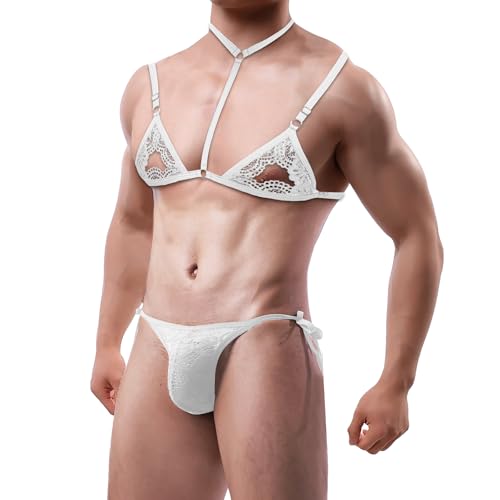 Mens' Lace Lingerie Bra Thong G String Erotic Underwear Set for Men Sissy Sexy Fishnet Brief Cut-out Bra