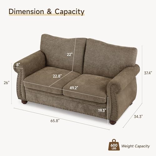 Image of ONBRILL Nailhead Sofa, 66 Inch Small Couch with Rolled Arms, Chenille Fabric Loveseat w /Springs Seat Cushion, Vintage Curved Back, Turned Wood Legs, Comfy Couch for Living Room, Farmhouse, Brown