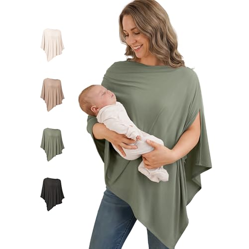 Image of Konssy Nursing Cover for Breastfeeding, 360° Full Privacy Breathable Breastfeeding Cover, Multi-use Carseat Canopy(Army Green)