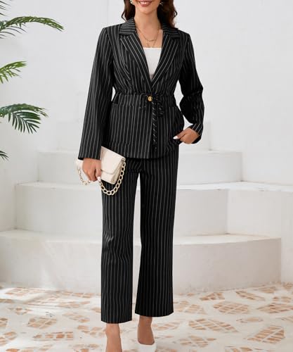 Wellwits Women's Long Pants Striped Lapel Blazer Professional Suit Set3