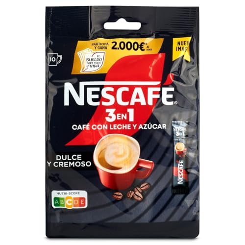 Nescafe 3 en 1, café soluble natural con leche y azúcar, Bolsa 160g con 10 sobres