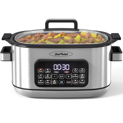 Sunvivi 12-in-1 Multi Slow Cooker Roaster Oven, 6.5QT Sliver Digital Programmable Slow Cooker with Rack, Large Removable Nonstick Crock, Glass Lid, Multicooker with Timer Temp Control, Delay Start