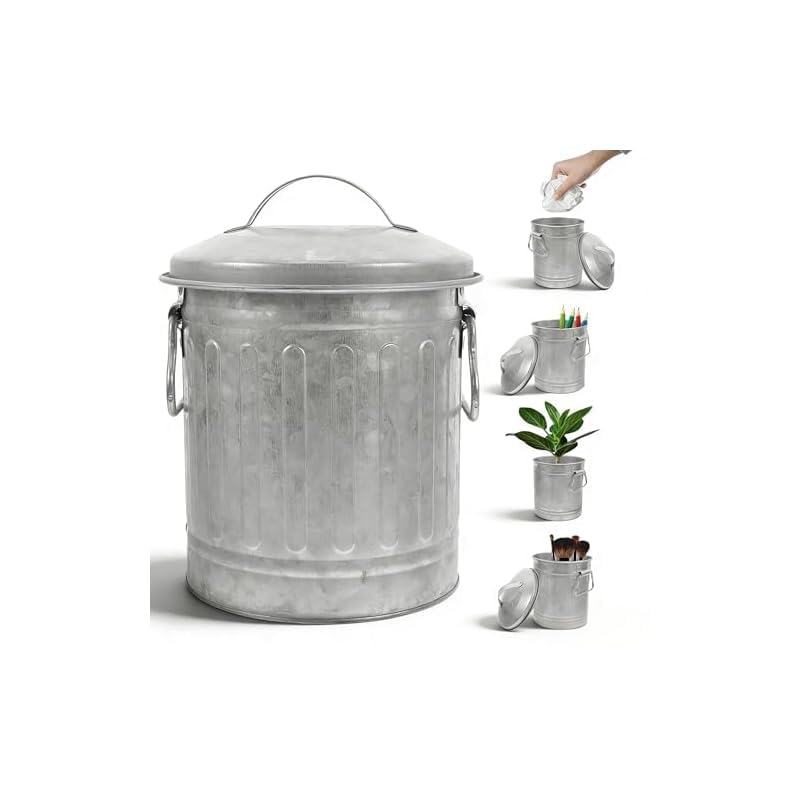 Mini Metal Trash Can with Lid - Small Desktop Garbage Can Vintage Galvanized Waste Basket Rustic Farmhouse Pen Holder Flower Pot for Office