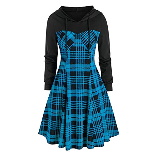Women s Long Sleeve Gothic Hoodie Dress Splicing Plaid Dress Punk Drawstring Pullover Dress Midi Dresses Sweatshirt Costume Blue