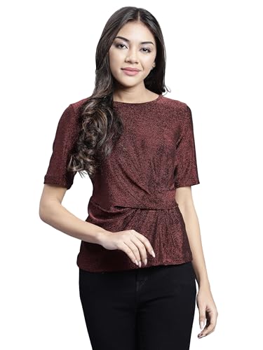 Image of SAFFE Women's Casual Party Top Textured Shimmer Half Sleeve Round Neck Body Fit Wine