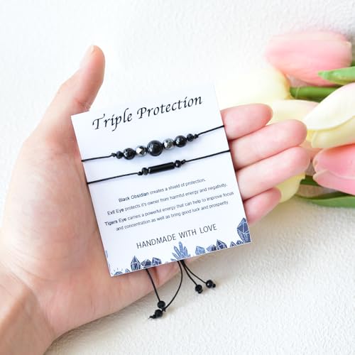 2Pcs Triple Protection Bracelets Black Tourmaline and Obsidian Bracelets Natural Stone Jewelry for Women Men Gifts for Him Her4