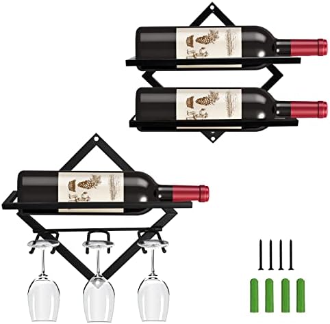 MIGECON 2 Pack Wine Rack Wall Mounted, Collapsible Wine Holder and Stemware Glass Rack，Metal Liquor Rack for Home Kitchen Wine Storage and Wine Bottle Display Rack
