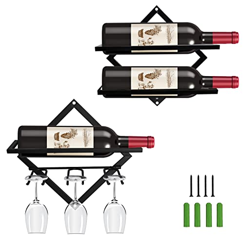 Migecon 2 Pack Wine Rack Wall Mounted, Collapsible Wine Holder And Stemware Glass Rack，Metal Liquor Rack For Home Kitchen Wine Storage And Wine Bottle Display Rack #TOP3