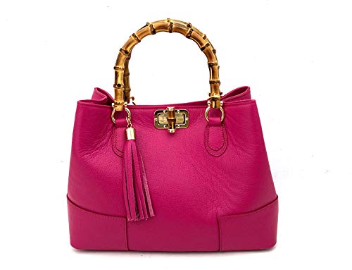 Superflybags Femme Sac à main en Cuir véritable avec Poignées en bambou Modèle JUNGLE 38x27x13 Fabriqué en Italie