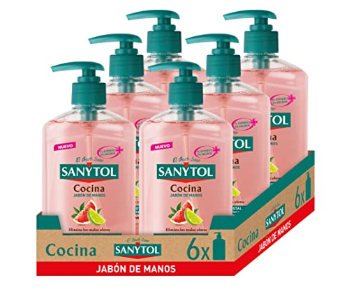 Sanytol Jabón de Manos de Cocina Antibacteriano con Pomelo y Limón Verde, Limpia, Nutre y Elimina los Malos Olores de las Manos, Fórmula Probada Dermatológica y Clínicamente - Pack de 6 x 250 ml