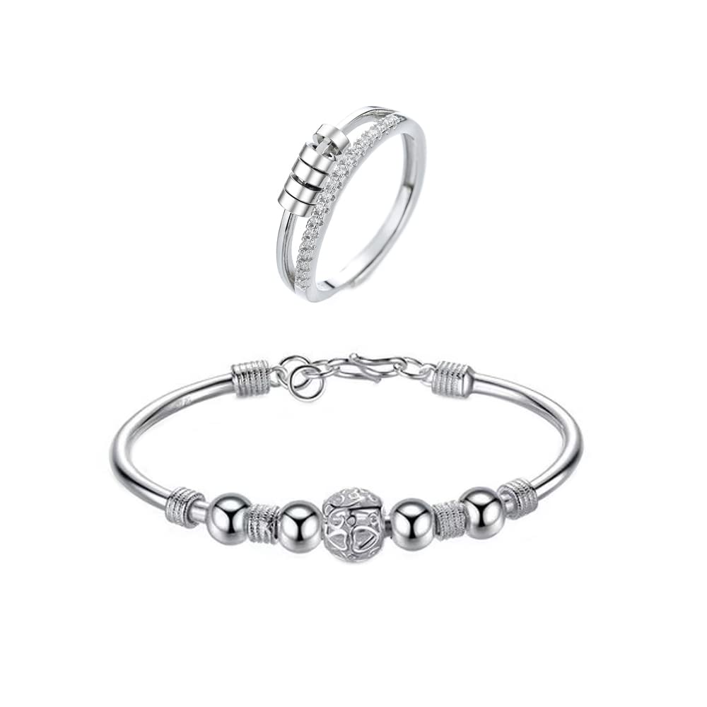 QKEPCYAnxiety Ring for Women and Sterling Silver Bracelet 925 Sterling Silver Ring with Beads Spinner Ring Stress Reliever Spinner Rings Adjustable Open Ring Fidget Jewelry To My Daughter