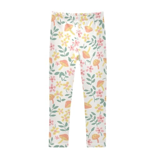 Flower Leaf and Mushroom Pattern Girls Leggings,Workout Leggings for Girls Toddler Athletic Leggings Size for 3-10T