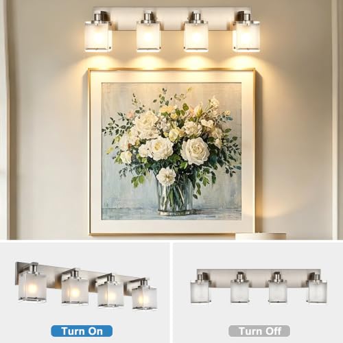 Image of 4 -Lights Bathroom Light Fixtures Over Mirror, Brushed Nickel Vanity Lighting Fixture with Rectangular Frosted Glass Shade, Wall Sconce Lighting for Kitchen Living Room Bedroom Hallway