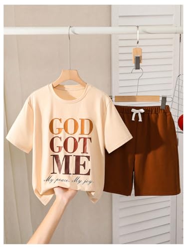 Image of SweatyRocks Boy's 2 Piece Outfits Letter Graphic Short Sleeve T Shirt and Shorts Clothing Set Khaki 11Y