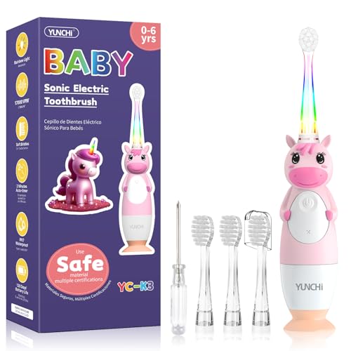 YUNCHI Toddler Electric Toothbrush Kids 0-3-6 Years Baby Electric Toothbrush with Colorful LED Light Battery Powered Toddler Toothbrush with 2 Minutes Timer 4 Brush Heads Infant Toothbrush (Pink)