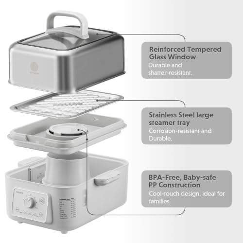 Image of BUYDEEM G52 5.3Qt Electric Food Steamer for Cooking, Oat White | 1-3 People, 2-hour Keep Warm, 7 Preset Timings, Dual Boil-Dry Protection, Stainless Steel, Glass Lid