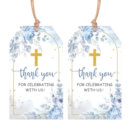 Etiquetas de agradecimiento para bautizo Serencatcher con cuerda, diseño floral azul, 50 uds.