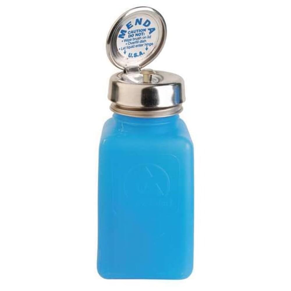 Menda 35285 Pure Touch Pompe distributeur de liquide en acier inoxydable, ESD Safe Durastatic Bouteille carrée 6 oz, polyéthylène haute densité/acier inoxydable, bleu